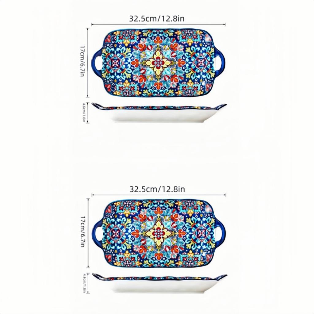 1pc Bohemian style ceramic fish dish with handle: 12.8-inch rectangular dining table tray, suitable for microwave and oven