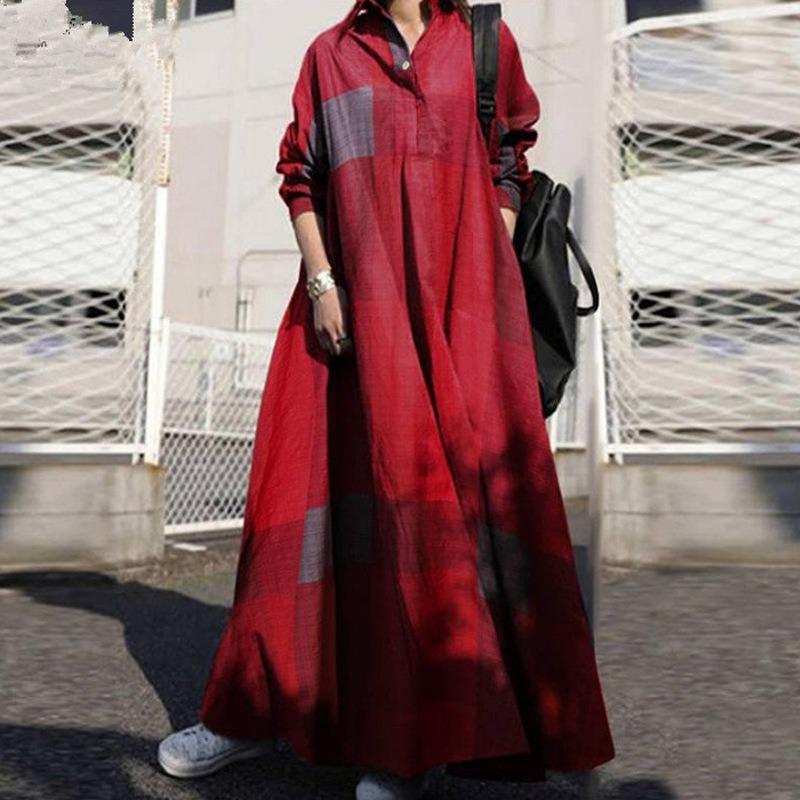 Fashion Plaid Dress Retro Ethnic Style Dress Print Loose Long Sleeve Big Swing Dress