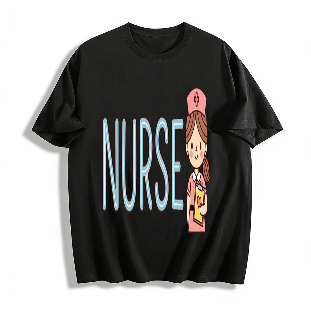 

Cute Nurse Print Casual T-shirt Loose Comfy Daily Top For Women Pure cotton T-shirt XXS