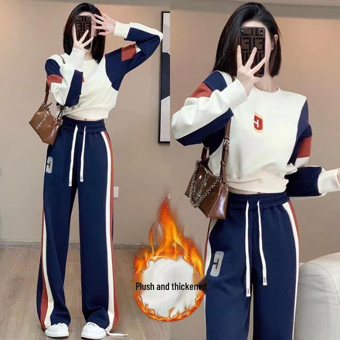 In Stock Women s Plush Lined Sportswear Set - Autumn/Winter Casual Fashion Hoodie & Wide-Leg Pants Two-Piece. M абрикосовый