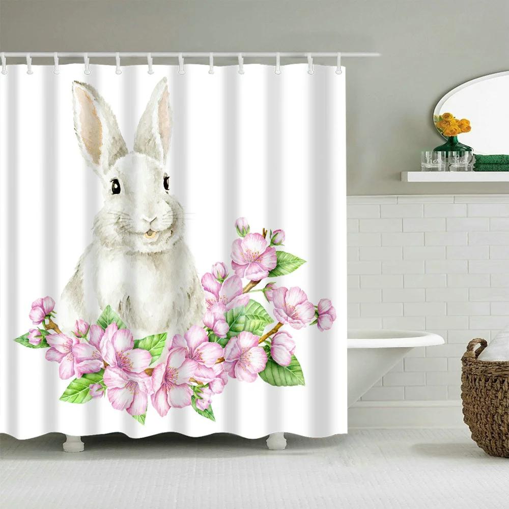 Funny Bunny Easter Shower Curtain Rabbit Colorful Egg Flower Wood Striped Backdrop Bathroom Decor Washable Fabric Hooks Curtains