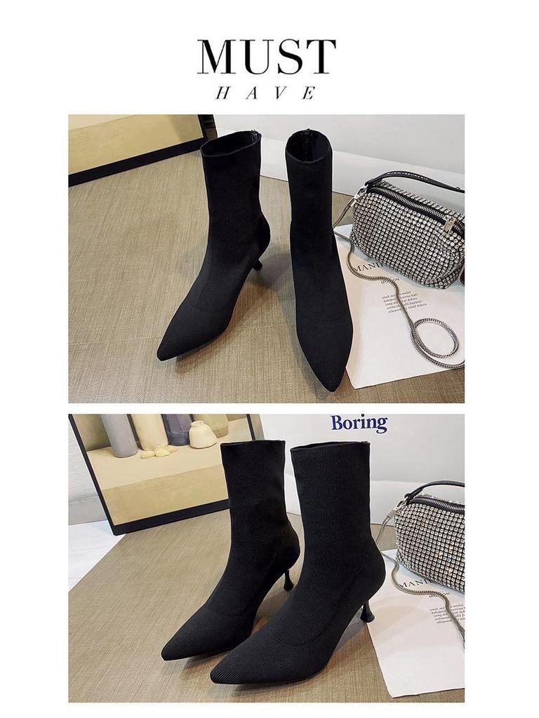 European Autumn/Winter Stiletto Knitted Wool Pointed Toe Sock Ankle Boots: Slimming, Elastic High Heels for Women.
