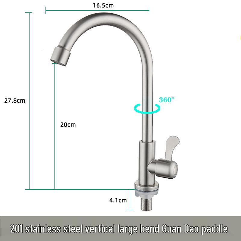 Brushed Stainless Steel Kitchen Faucet, Single Cold with Full Copper Core, 4-Point Connection