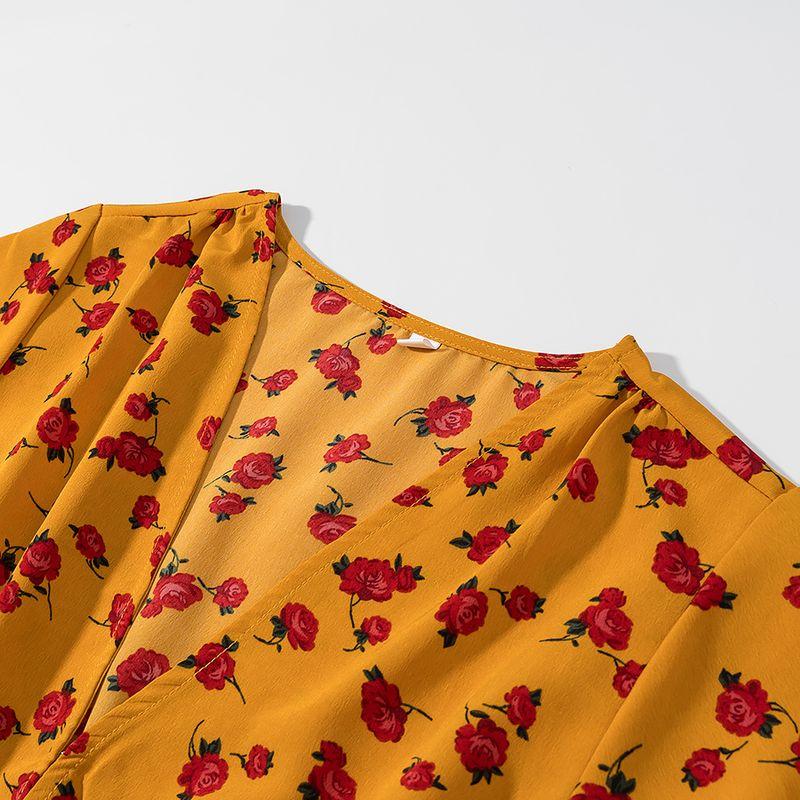 Kaslead New Women Clothes Western Style Fashion Simple Floral V-neck Waist Hugging Short Shirts