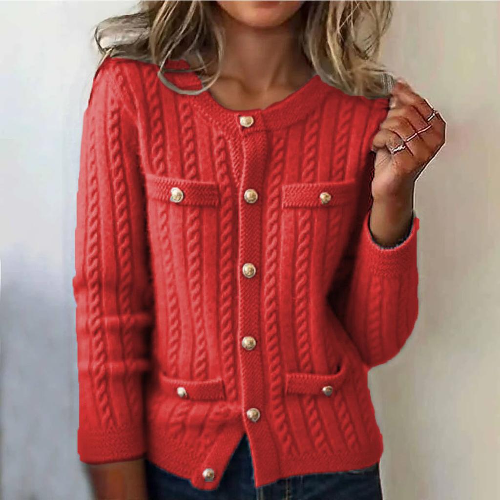 Women's Fashion Casual Single-Breasted Multi-Button Thickened Flower Loose Cardigan Round Neck Long Sleeve Knitted Cardigan Sweater Jacket