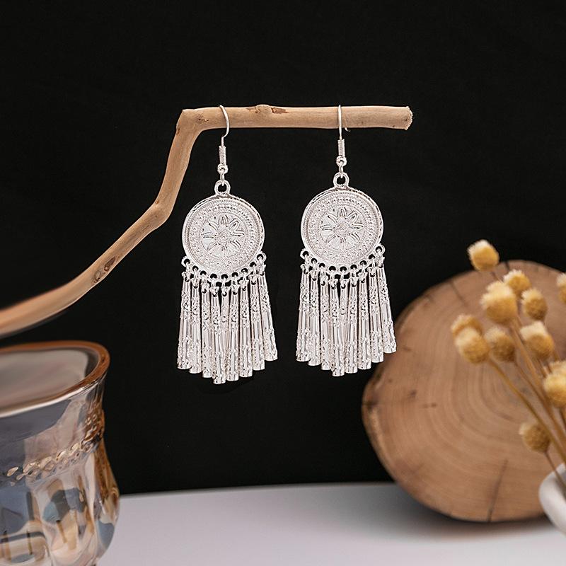 Imitation Miao Silver Ethnic Long Leaf Tassel Dangle Earrings