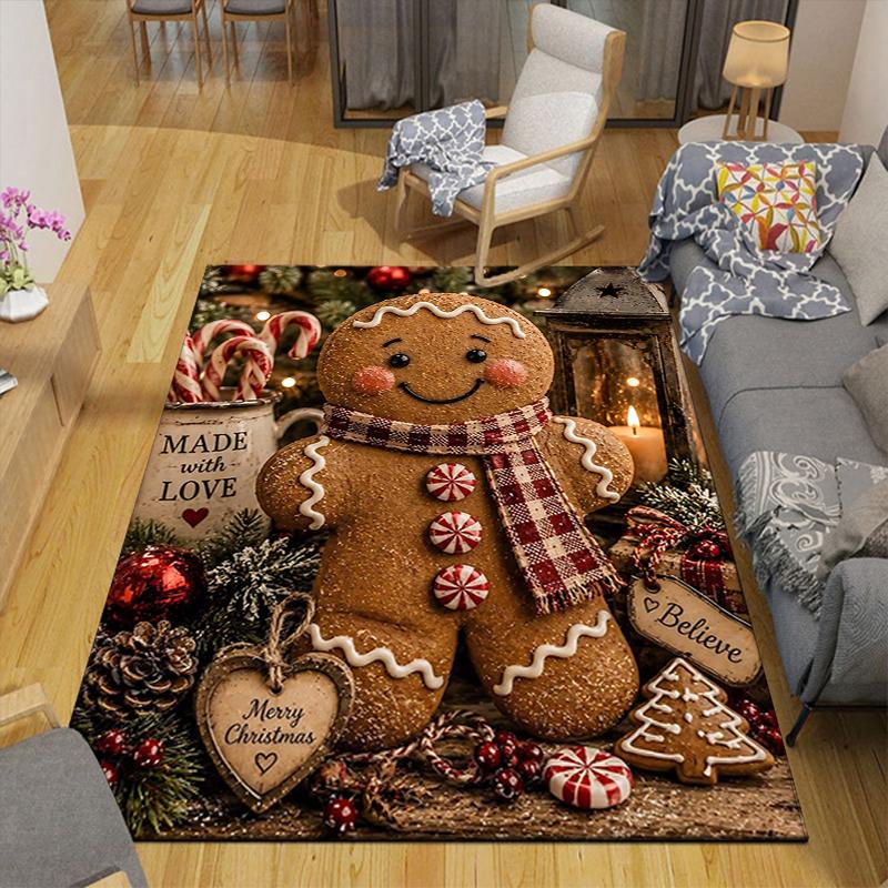 1Pc Christmas Gingerbread Decorations Rug Office Carpet Indoor Outdoor Doormat Nonslip Soft, Living Room Christmas Halloween Gift D91839