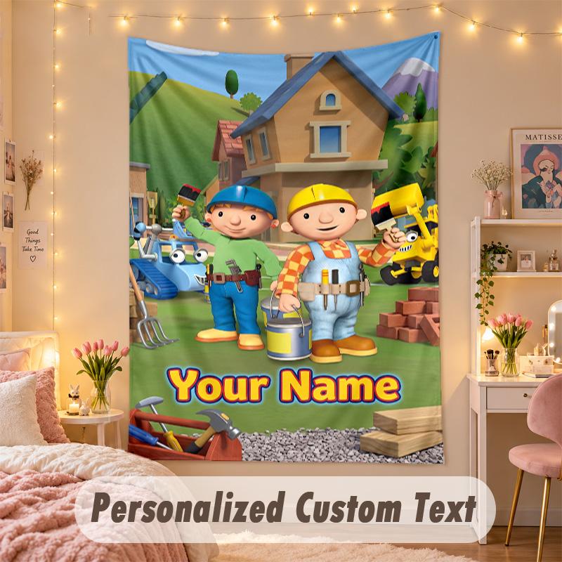 Custom Personalized Tapestry,Bob the Builder Print Custom Name Text Wall Art Hanging for Bedroom