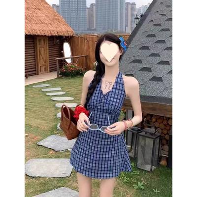 Bow Contrasting Color Plaid Neck Dress Women's Summer New Small Age-reducing Waist A-word Short Skirt