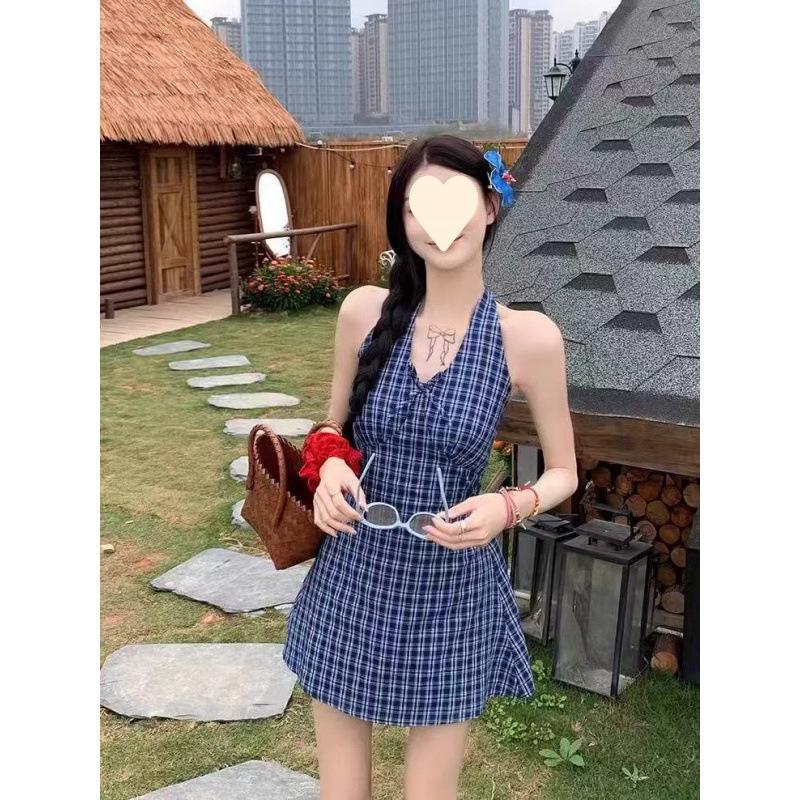 Bow Contrasting Color Plaid Neck Dress Women's Summer New Small Age-reducing Waist A-word Short Skirt
