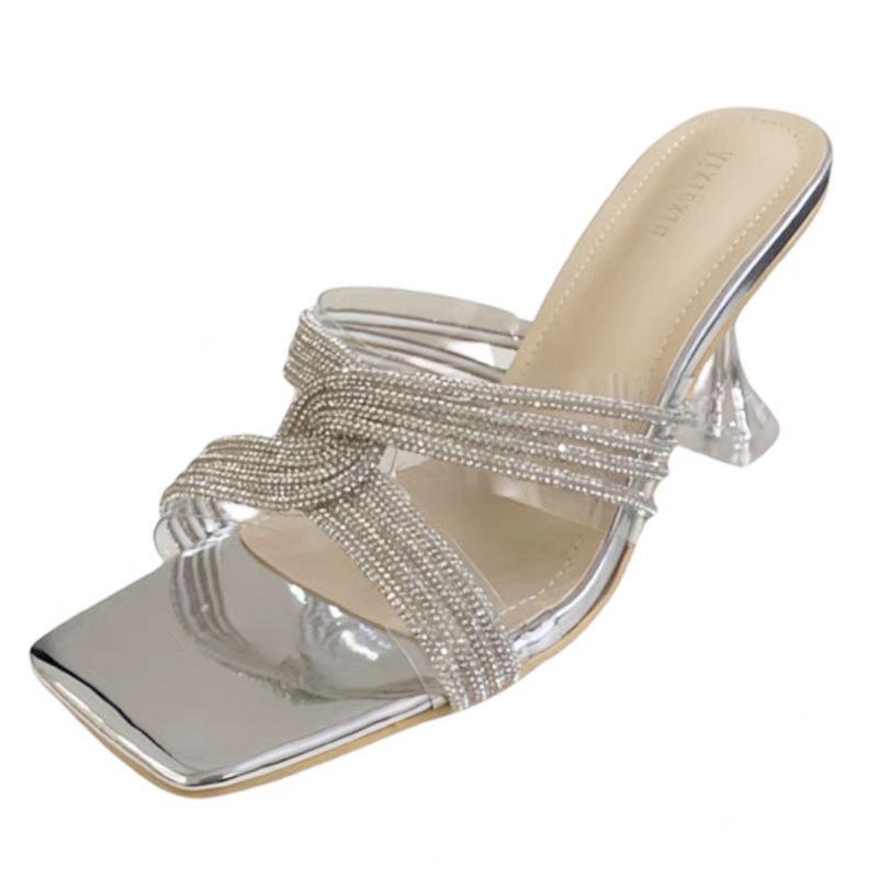 Transparent crystal wine glass and sandals women's shoes summer square head wedding shoes cross rhinestone high heels