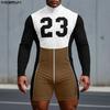 Men Turtleneck Long Sleeve Zip-up Slim Letter Print Jumpsuits Rompers Underwear