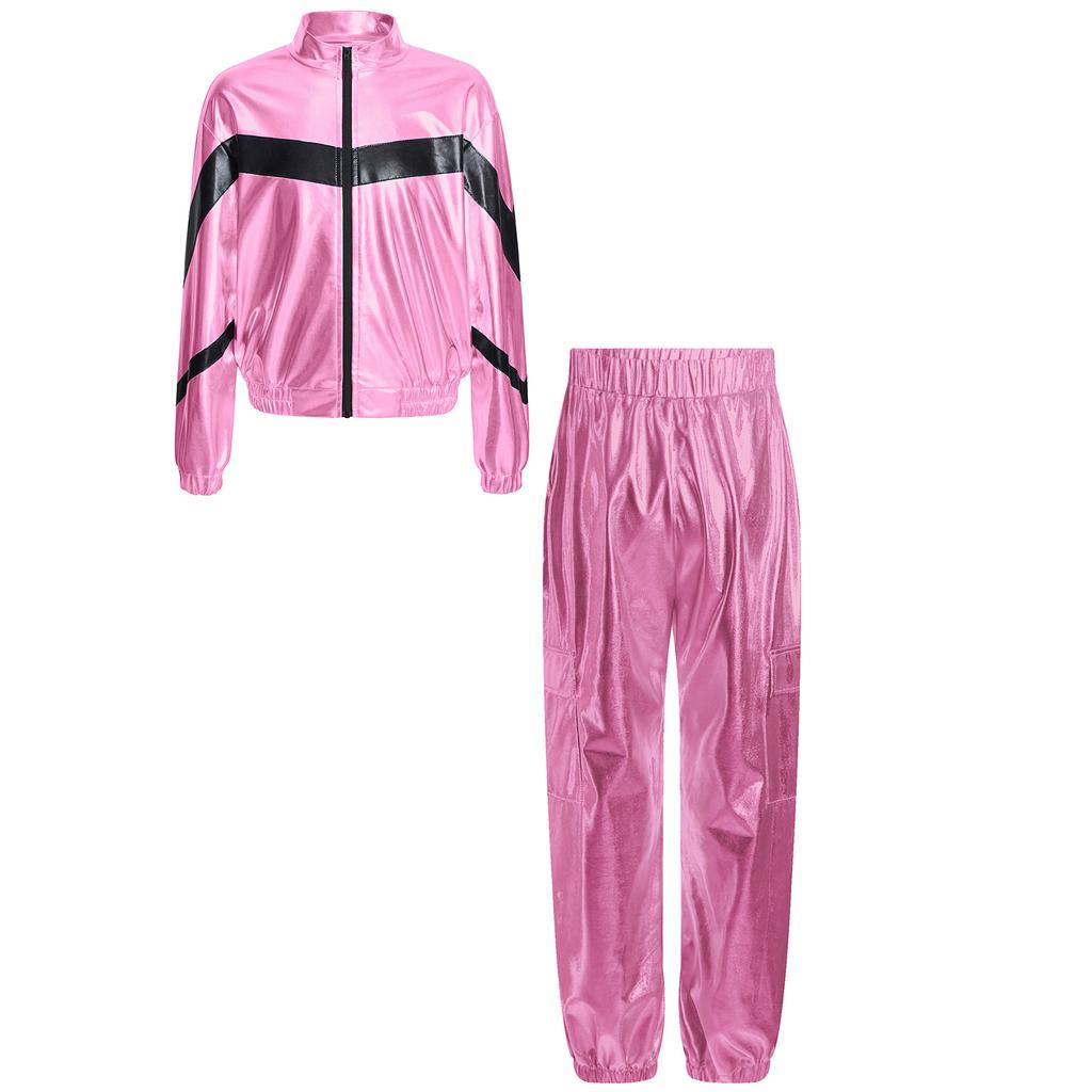 Mädchen Tanzjacke Mode Kontrastfarbe Langarm Stehkragen Metallischer Reißverschluss mit glänzendem Hosen-Set