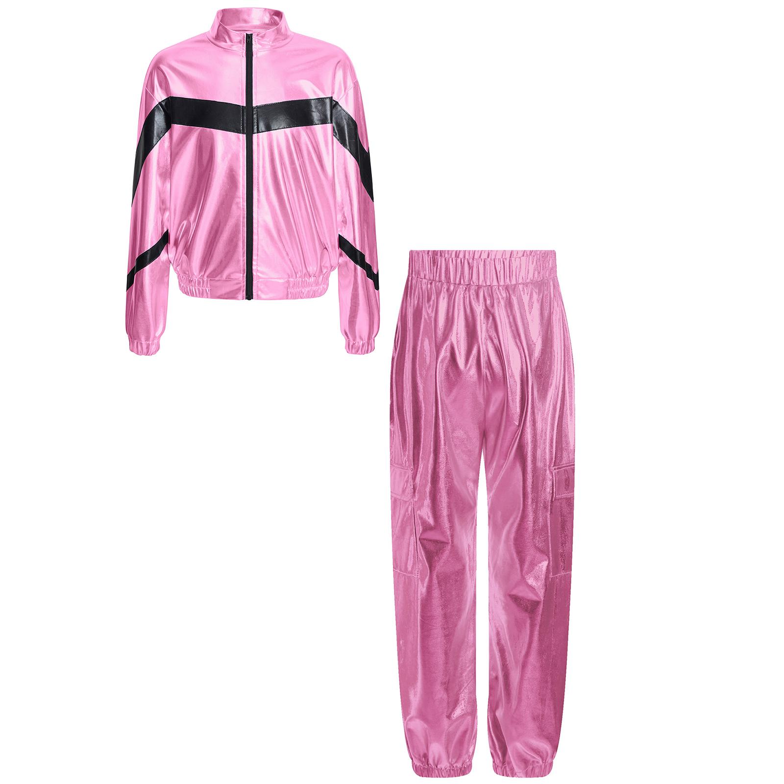 

Модна танцювальна куртка для дівчаток контрастного кольору з довгим рукавом, стійкою, металевою блискавкою та комплектом блискучих штанів 5-6 Years