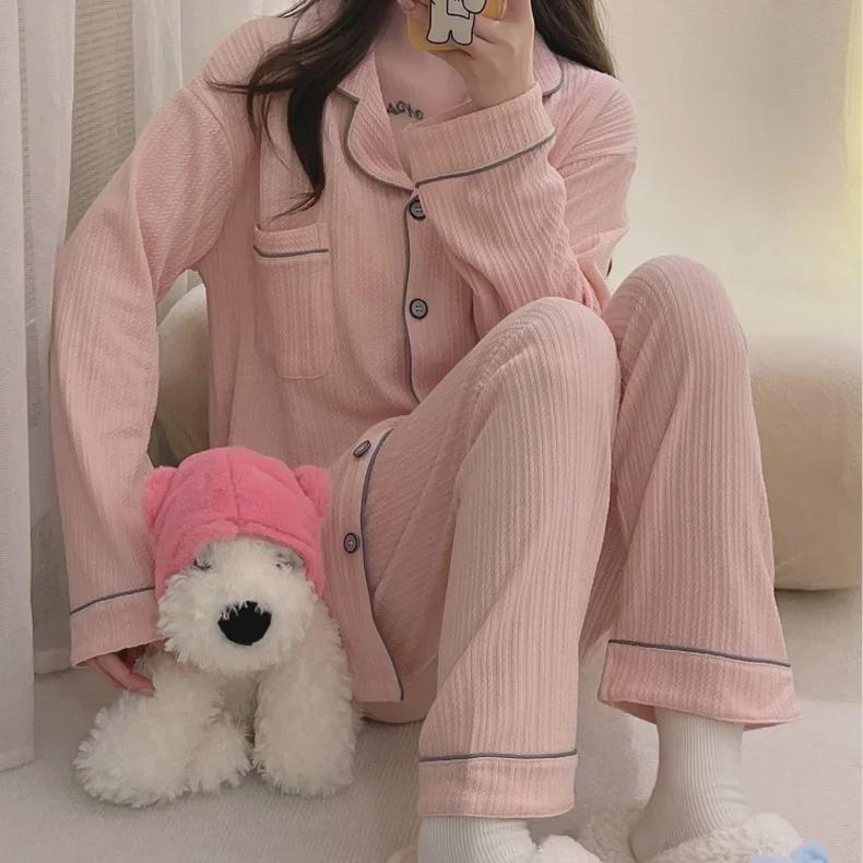 2024 Women's Long-Sleeve V-Neck Ribbed Cotton Pajama Set - Sweet Princess Style, Solid Color, Large Size, Ideal for Spring and Autumn.