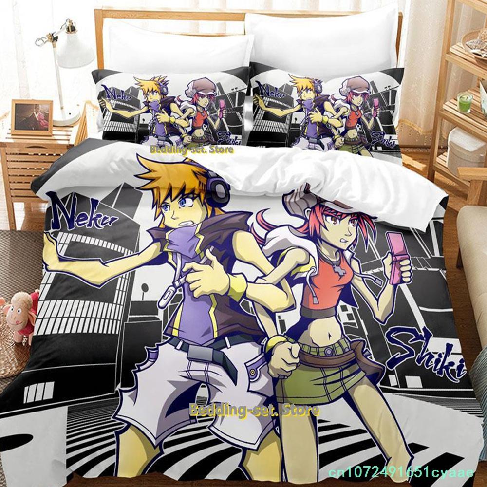 The World Ends With You Sakuraba Neku Bedding Set Cartoon Anime Three-piece Set Adult Kid Bedroom Duvetcover Sets 3D Kawaii Cool