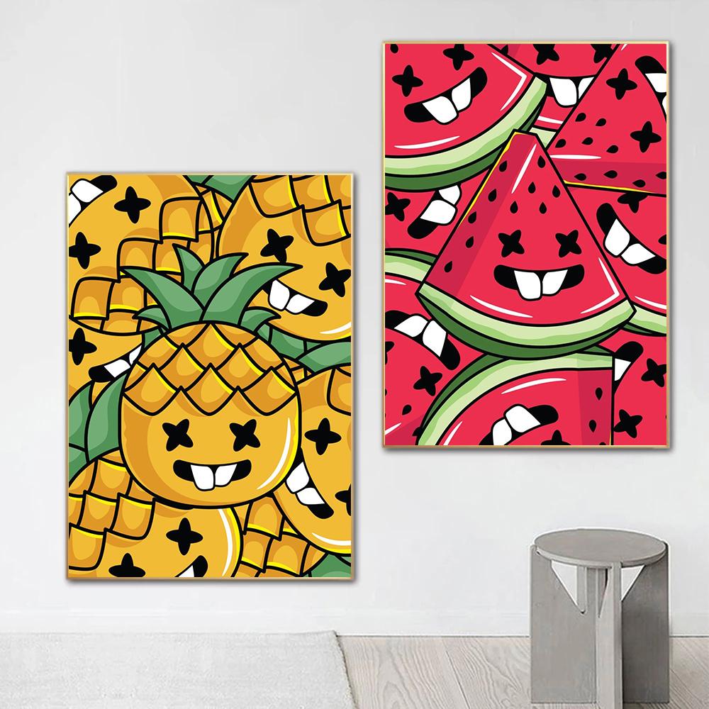 Cartoon Fruit Doodle Avocado Pineapple Kiwi Print Poster Canvas Painting Modern Wall Art Pictures Living Room Bedroom Home Decor