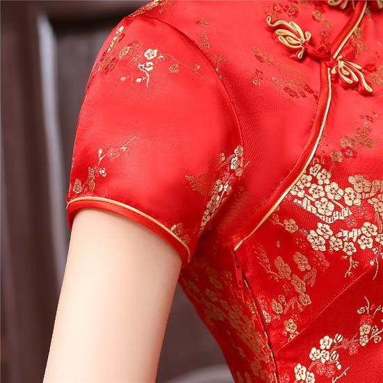 Damen Sommer Cheongsam Stehkragen Pflaumenblütendruck Kurze Ärmel Geteilter Saum Qipao Slim Fit Retro Chinesischer Stil Über Knie Länge Hochzeit