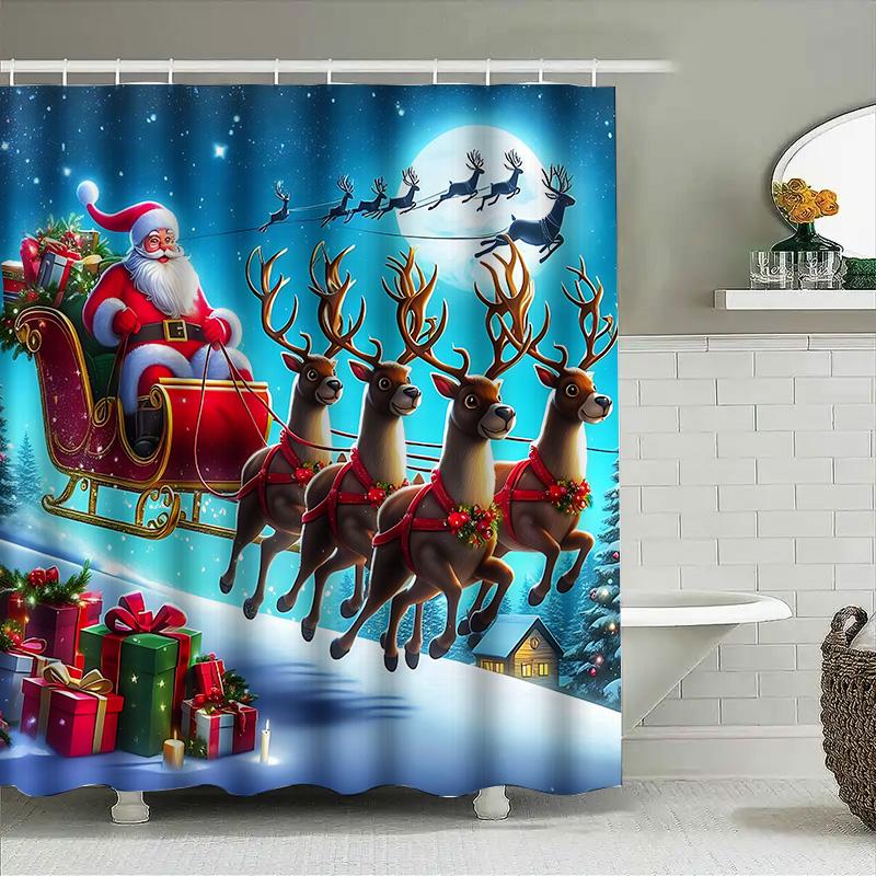 Santa Claus Christmas Shower Curtain Reindeer Sleigh Gifts Bathroom Decor Snowy Night Moonlit Magic Easy To Clean And Maintain