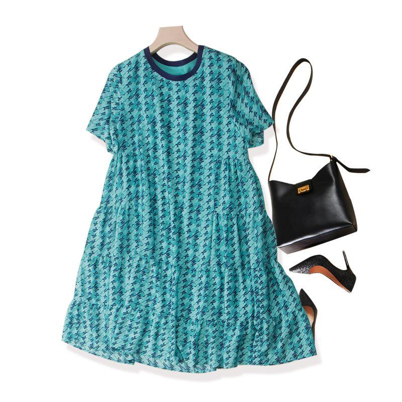 

Lake Blue Childlike Rabbit Skirt! Travel Season Female Poplin Silk Ruched Layered Sense A- line Dress Summer Cover Belly Sky Blue L