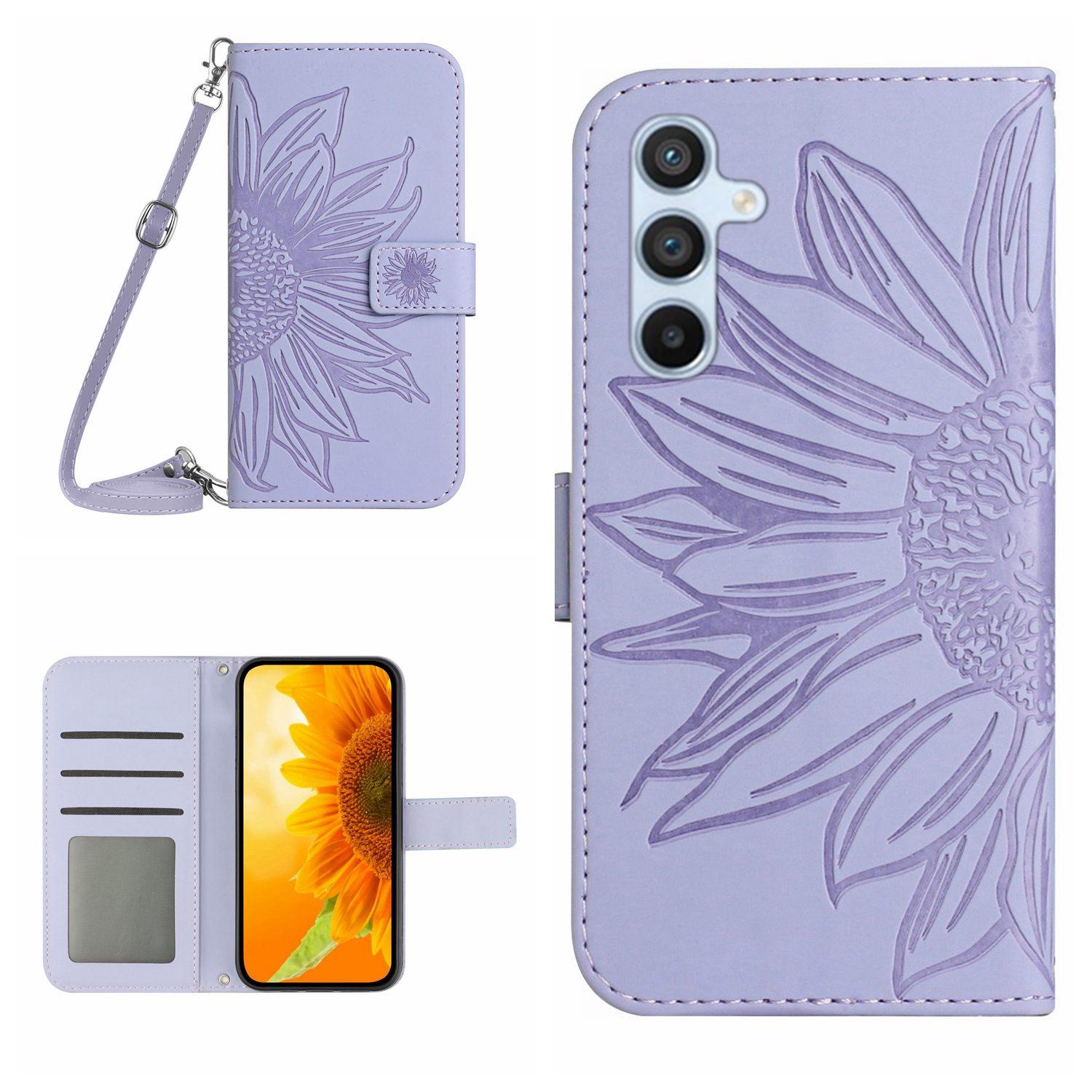 

HT04 For Samsung Galaxy A25 5G (Global) (161.0 x 76.5 x 8.3mm) Leather Wallet Case Stand Phone Cover with Shoulder Strap Light Purple