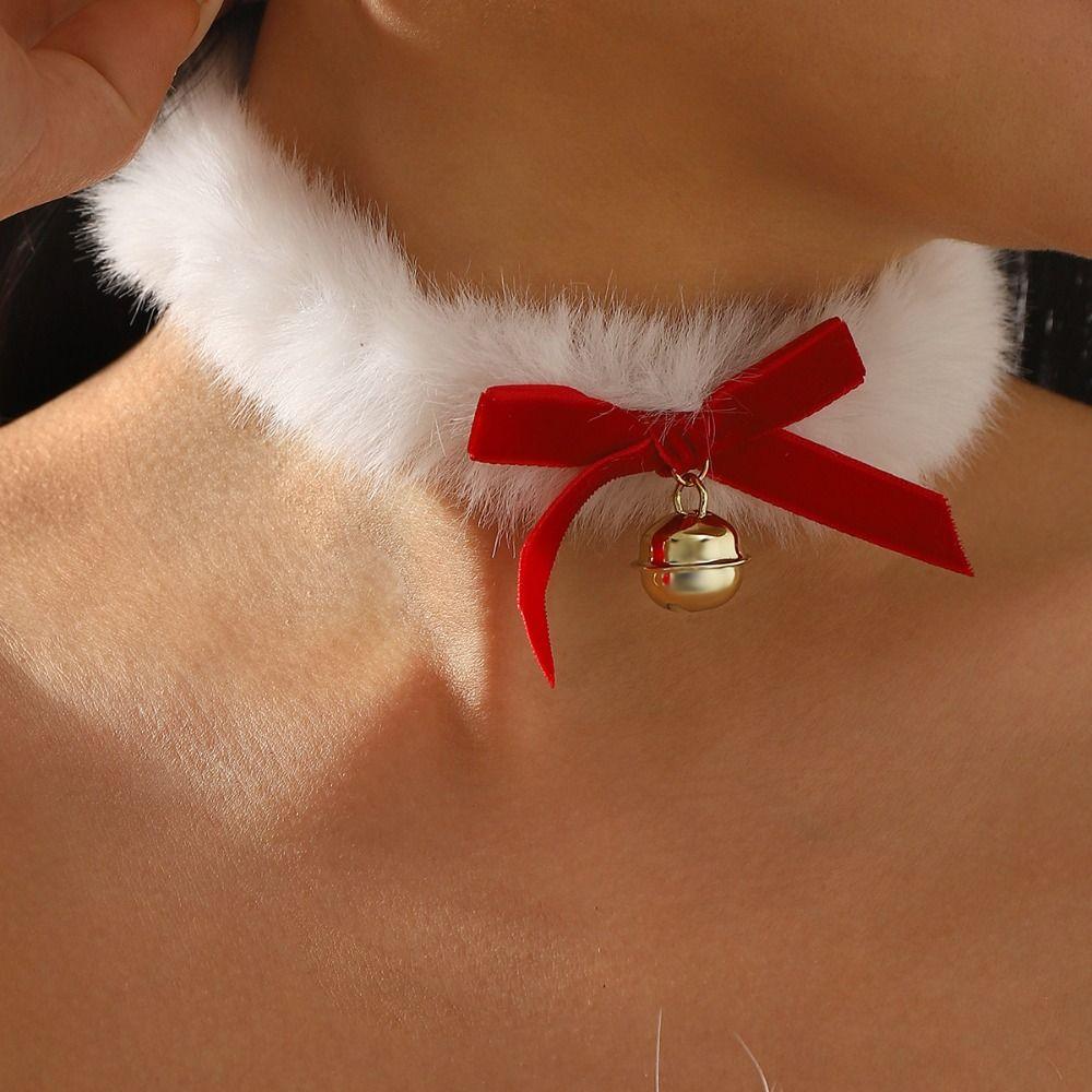 Hairball Christmas Plush Choker Sweet Xmas Clavicle Chain Exquisite Bow Pendant Necklace  Girls