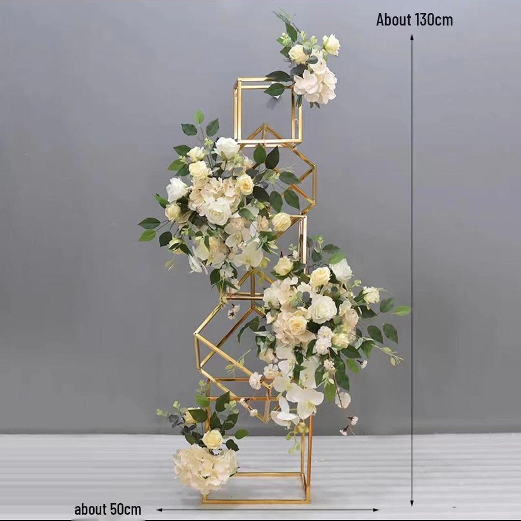 Geometric Gold Flower Wedding Aisle Runner & Artificial Flowers Display