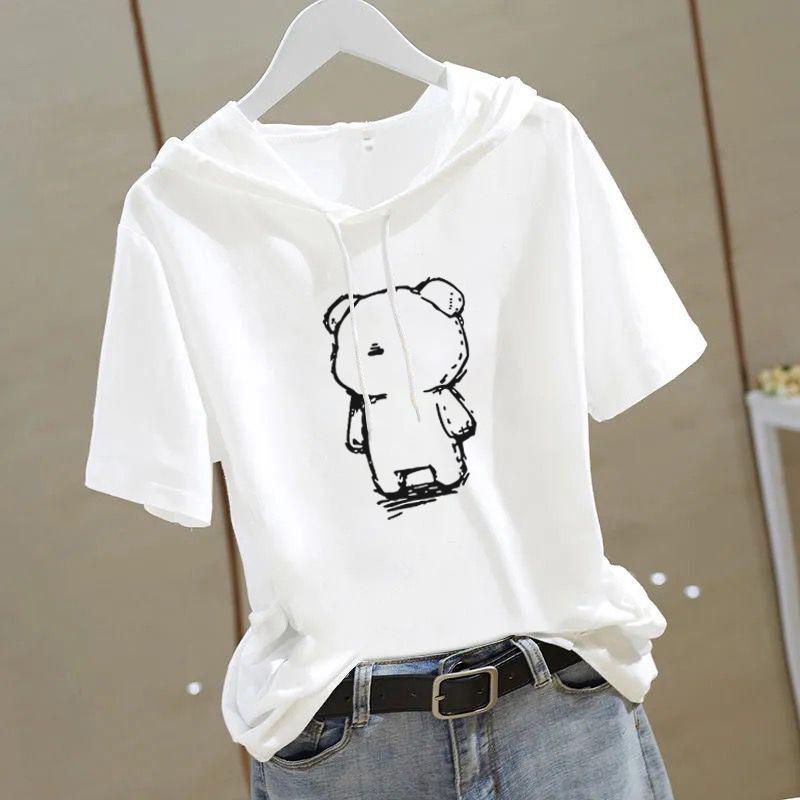 Damski T-shirt z kapturem z krótkim rękawem 100% bawełna - 2025 Wyszczuplający Luźny Krój Styl Koreański