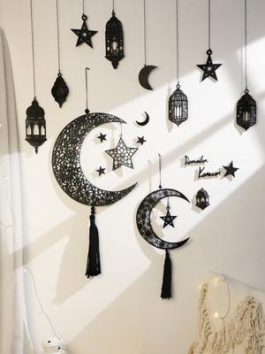 Black Wooden Hanging Lanterns Crescent Moon with Star Cutouts and Tassel, for Ramadan and Eid, Islamic Festival Home Decorations