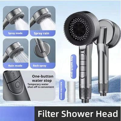 2024 New Household Multifunctional Filter Shower Head 4 Modes Switch 1-Button Water Stop with Massage Brush Bathroom Accessories