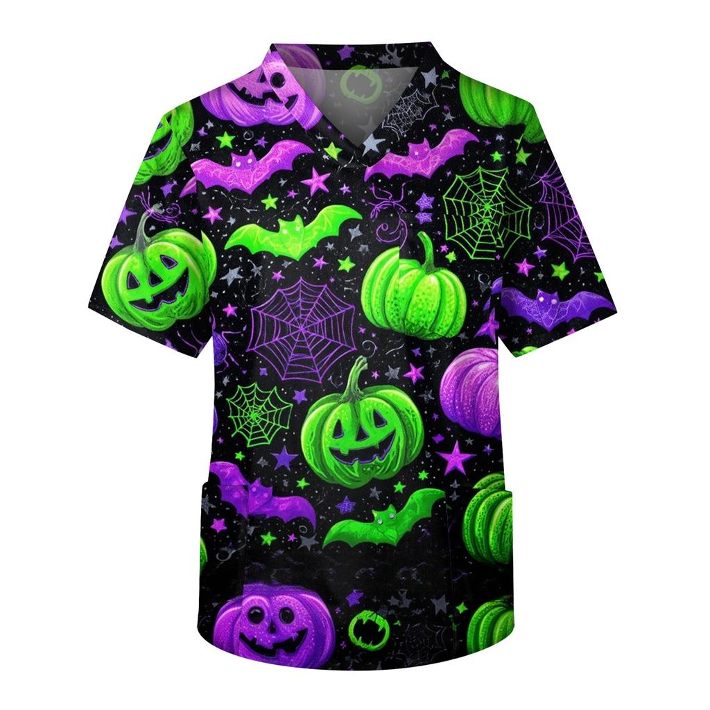 Men's Short Sleeve V-Neck Halloween Print Chest Pocket Care Top