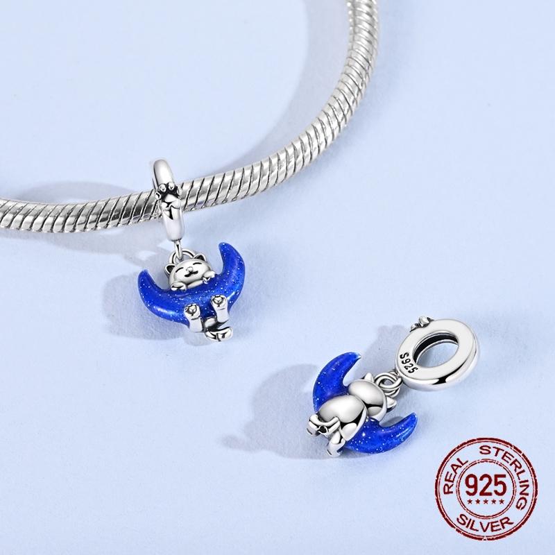 Glowing Moon Beads Copper Craft Cat Elegant Dangle Pendant Fit Bangle Bracelet Necklace Handmade Cute Jewellery