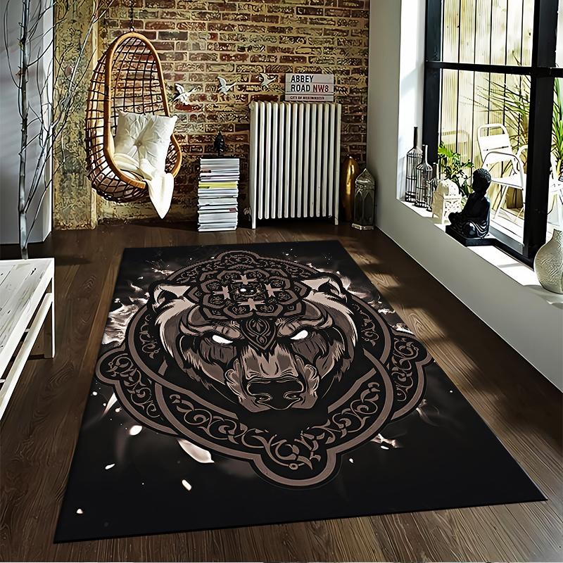 "Mandala Wolf Design Rug with Glowing Eyes On Black Background" Suitable for Use As an Anti-slip for Living Room Bedroom Sofas