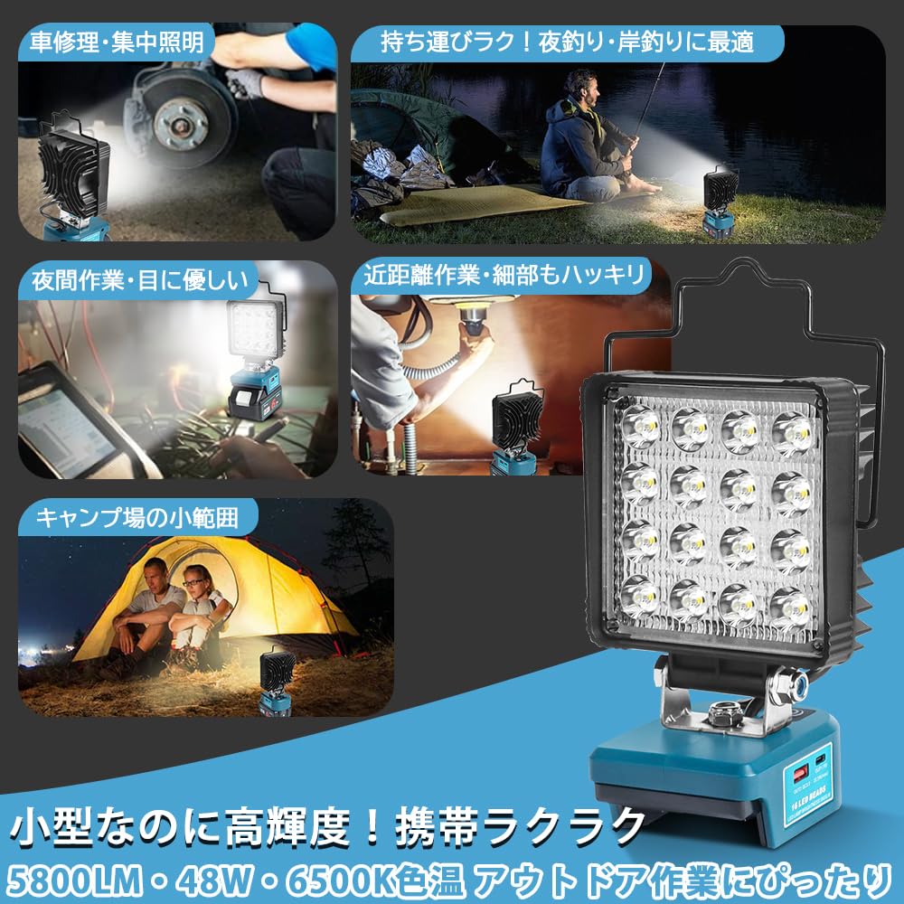 Waitl 3-Level 5800LM Cordless LED Floodlight Work Light, 14.4V, Makita 18V Battery Compatible, High Brightness, 140° Adjustable Angle, IP65 Waterproof