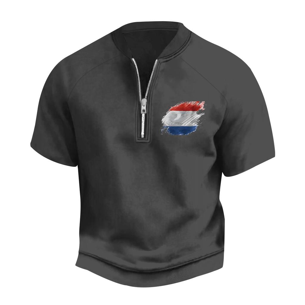 Pánské letní vintage tričko na poloviční zip s potiskem vlajky Dne nezávislosti a krátkým rukávem