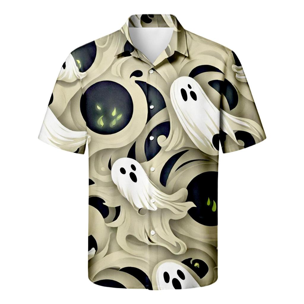 Herren Freizeithemd Kurzarm Button-Down Halloween-Print Leichtes Atmungsaktives Gewebe Lockere Passform Hemd für den Alltag