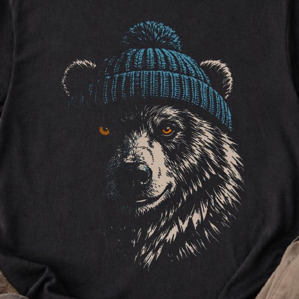 Winter Bear Beanie Shirt, Cozy Camping Graphic Tee, Bear With Pom Hat