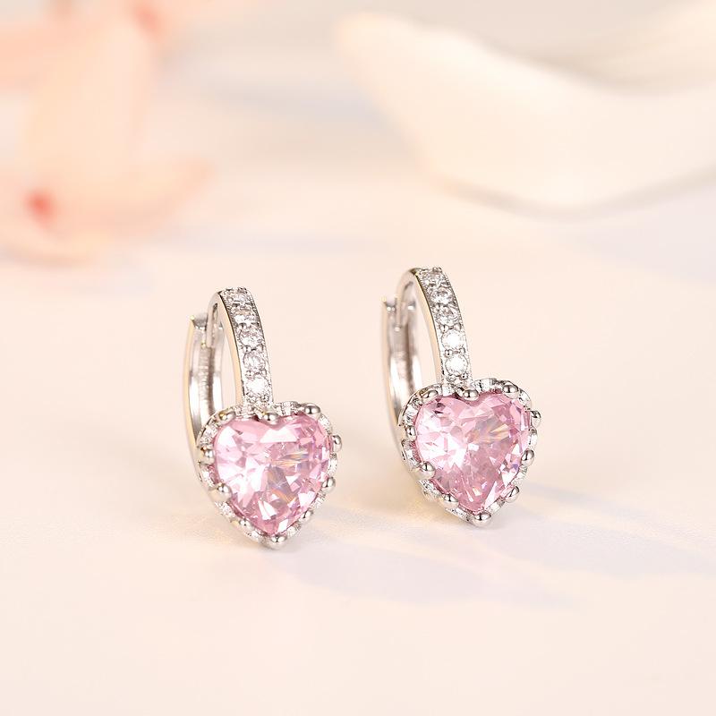 Fashionable Colored Diamond Earrings for Women's Heart Zircon Earbuds Simple Student Earrings