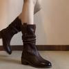 Middle Heel Leather Ladies Mid Calf Shoes Autumn Winter Fleece-Lined Women's Half High Boots Gyaru 2025 Novelty New Gothic Boot