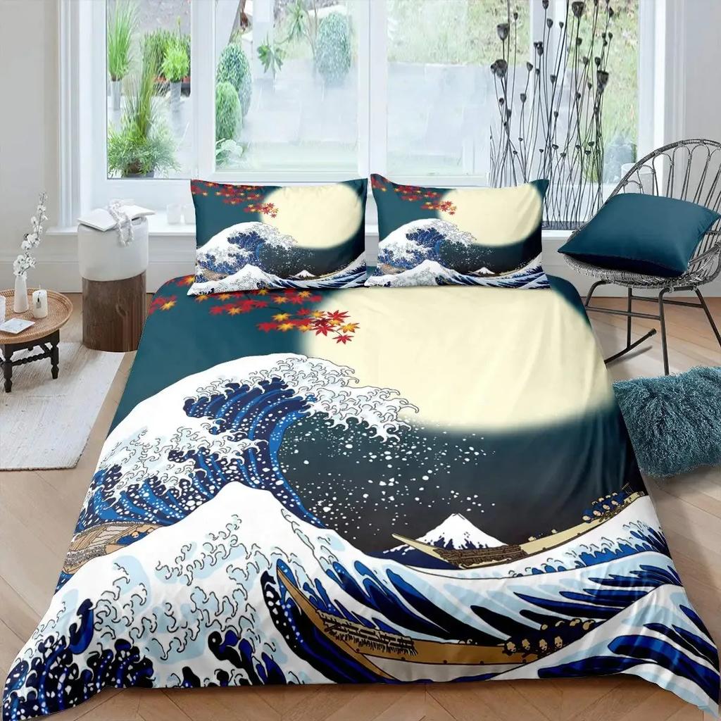 Japanese Wave Duvet Cover Set, Sea Storm In Japan Traditional Drawing Foamy Waves,Bedding Set Full Size,Earth Yellow Dark Blue
