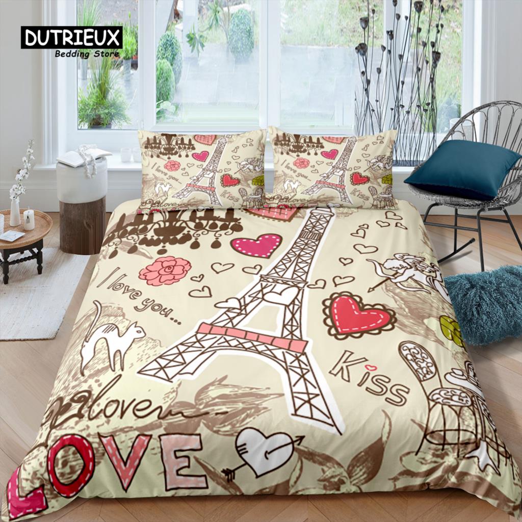 Luksusowy 3D Różowy Paryski Zestaw Pościeli do Domu Dziewczęcy Zestaw Poszwy na Kołdrę Poszewka Dziecięcy Zestaw Pościeli Queen i King Rozmiar EU/US/AU/UK