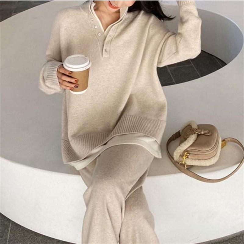 2025 Autumn Fashion: Women's Knit Sweater & Wide-Leg Pants Set for Plus Size