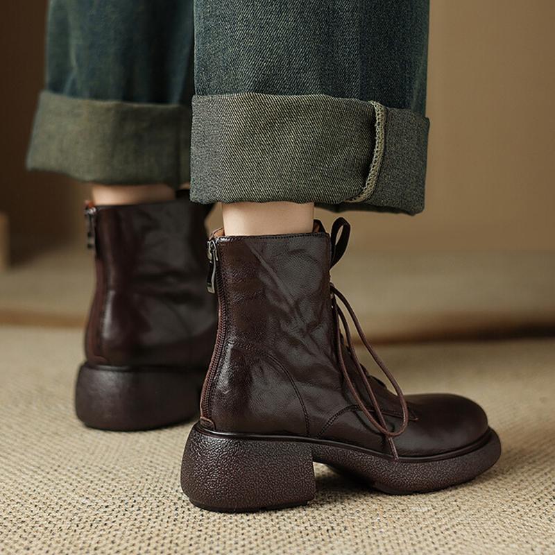 Fashion NEW Autumn/Winter Women Boots Genuine Leather Shoes for Women Round Toe Chunky Heel Shoes Lace-up Riding Boots Black Ankle Boots