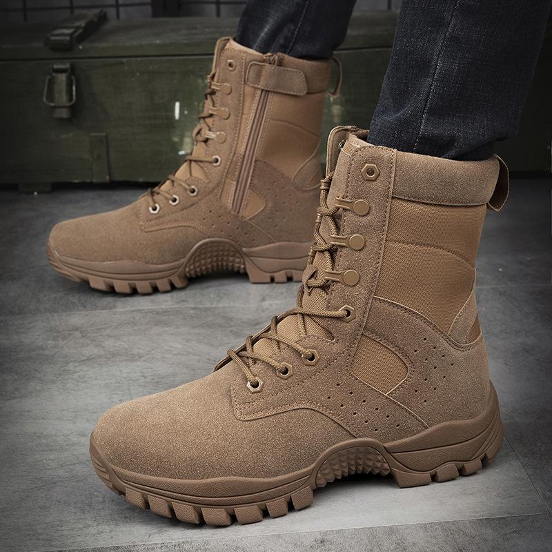 Men's Suede Combat Boots - Brown Side Zip for Hiking, Training, and Mountaineering.