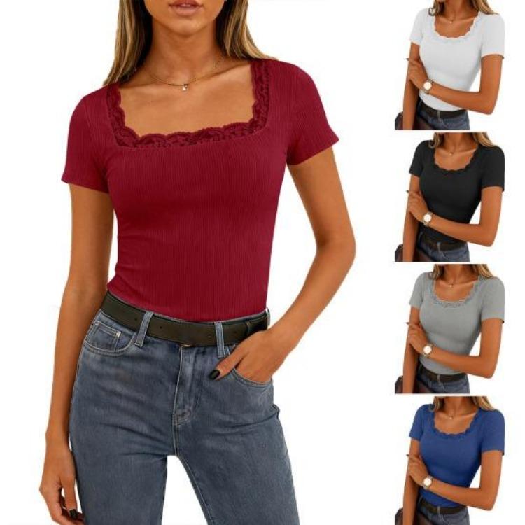 Pure Color Slim Fit Womens Tops Daily Wear Square Collar Lace Splicing Neckline Short Sleeve Pullover Stretchy Ribbed T Shirt