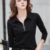 Women T-shirt Lapel Zipper Half Placket Long Sleeve Pullover Tops Solid Color Slim Fit Stretchy Casual Tee Shirt Work Party Vacation Daily Wear