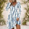 Women Criss Cross V Neck Long Sleeve Blue White Printed Fitted Curved Hem Dress