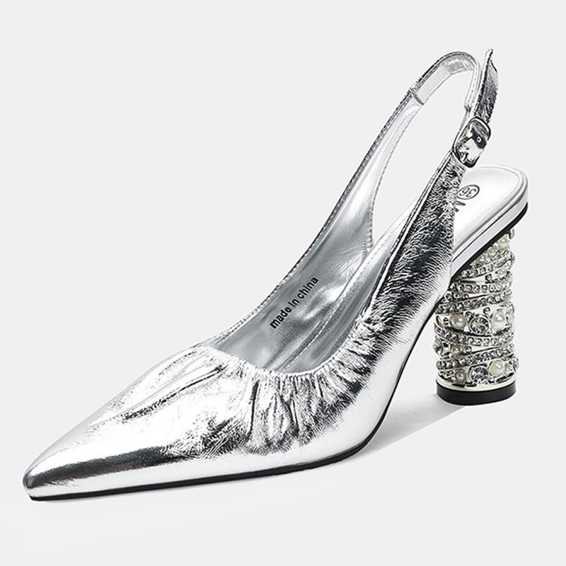 

Women Cowhide High Thick Heel Sandals Rhinestone Slingbacks for Office Nightclub Party Pub Wedding Banquet Host Model Catwalk 35 серебряный