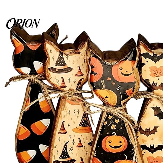 Gothic Style Autumn Tabletop Accents Rustic Wooden Cat Ornament, Vintage Halloween/Flower Wood Signs, Retro Farmhouse Shelf Display Distressed Animal