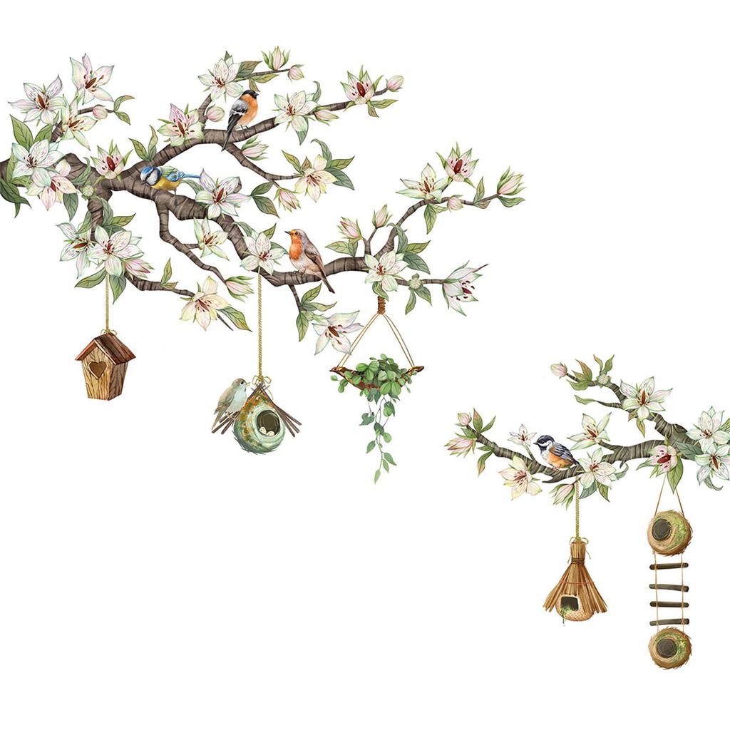 Uccelli su rami fioriti, adesivi murali rimovibili per finestre, decorazioni floreali artistiche per finestre in vetro.